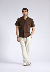 Cuban Collar Brown Textured Shirt